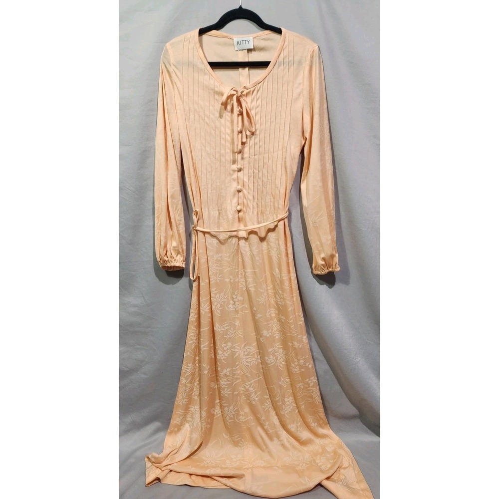 Vintage Peach Long Floral Slip Dress Nightgown Longsleeved Sz 16 Cottagecore